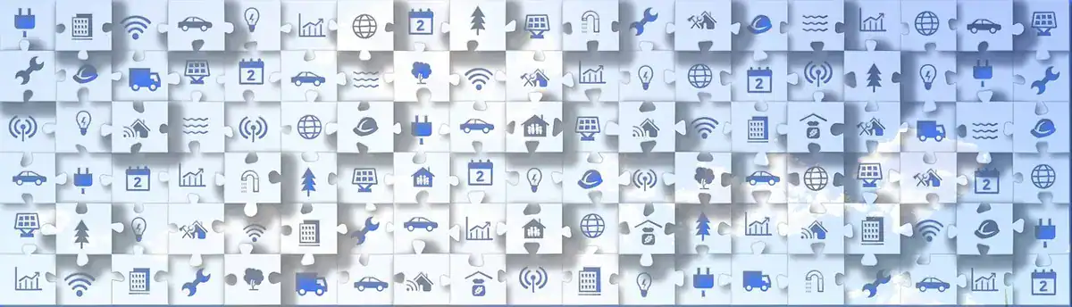 IoT Puzzle Collage: Interconnected Smart Devices Mosaic of puzzle pieces with IoT icons including Wi‑Fi, cloud, cars and smart devices