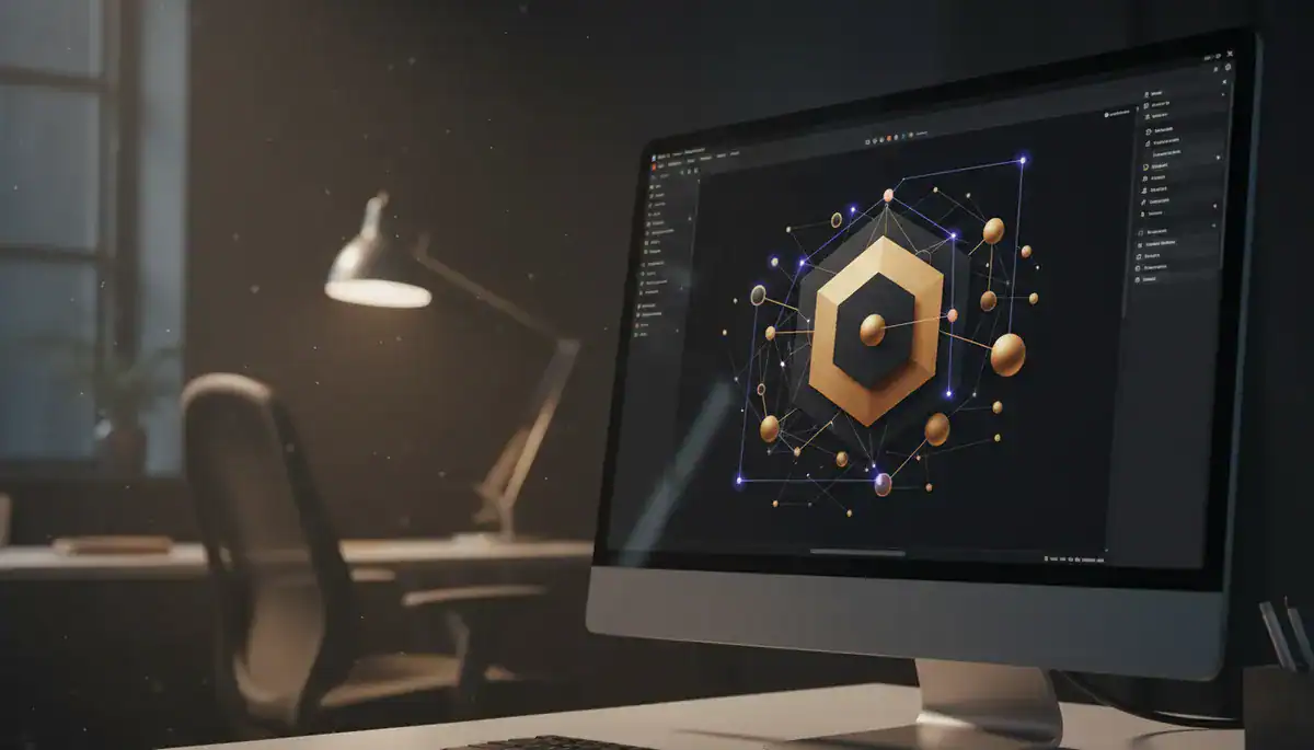 Illustration of Close-up photography of a high-resolution retina display monitor showing a sophisticated,.