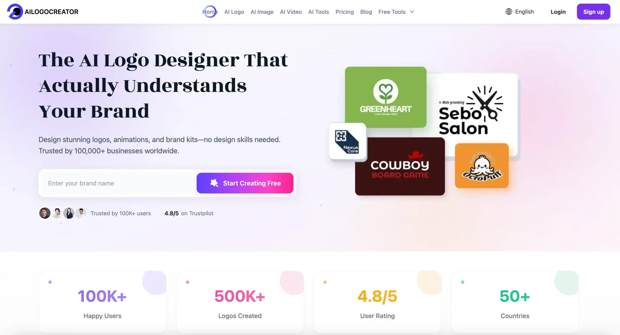 Gradient hero showing AI logo designer UI with input field, CTA button, and sample brand logos.