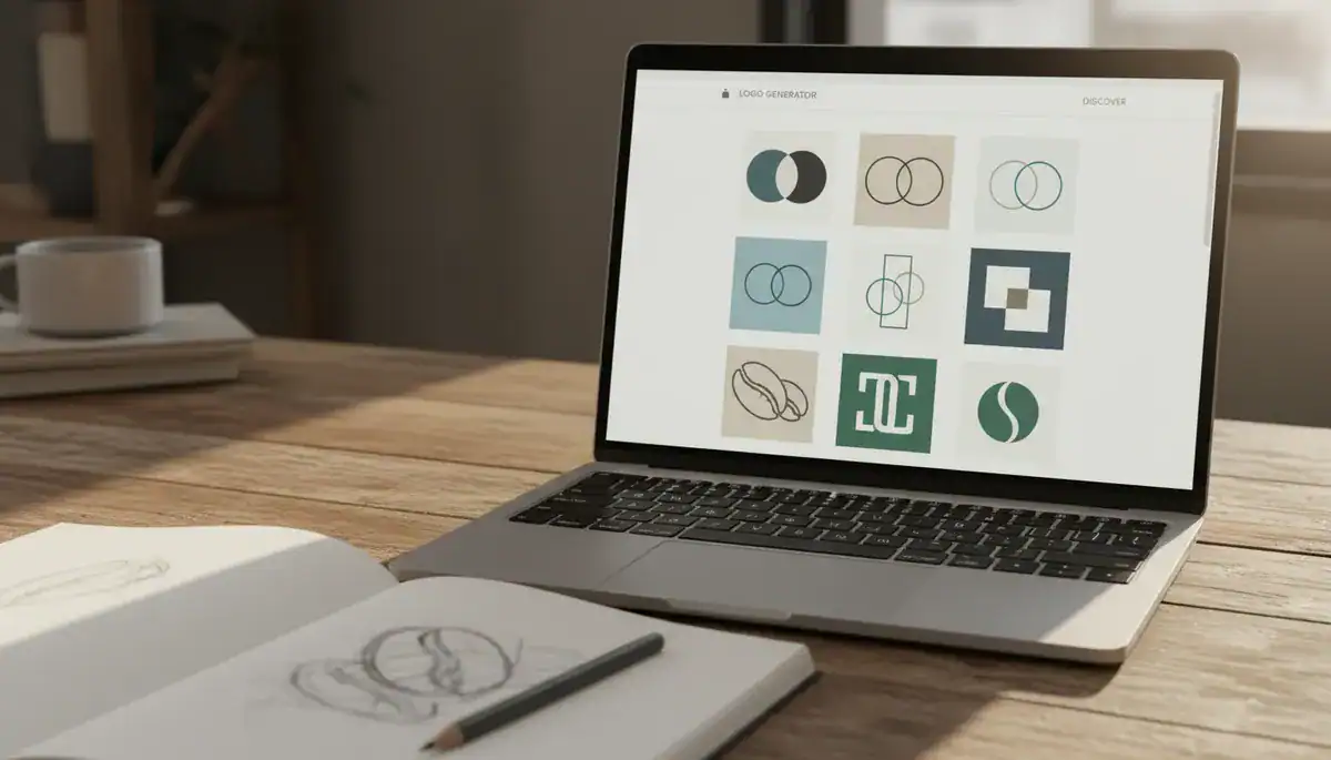 Illustration of A close-up, photorealistic shot of a laptop screen displaying a grid of minimalist, abstract logo.