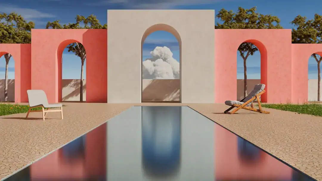 Photorealistic modern courtyard with pastel archways, a reflecting pool, and lounge chairs.