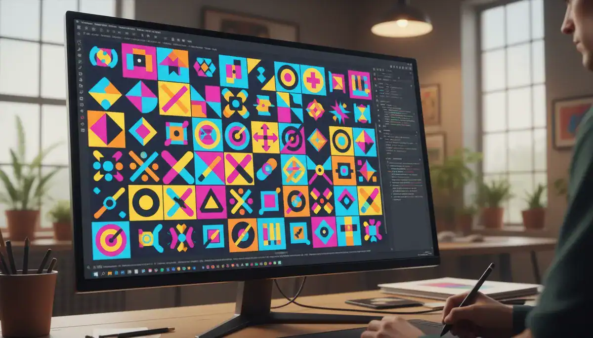 Illustration of Close-up of a high-resolution computer monitor displaying a modern graphic design software.
