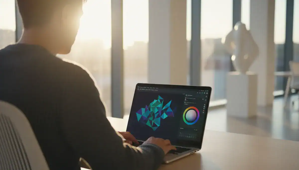 Illustration of Close-up over the shoulder shot of a creative professional working on a sleek laptop in a modern,.