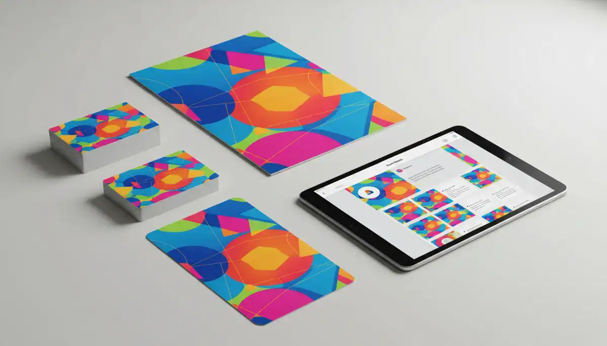 Illustration of High-angle workspace shot featuring a cohesive brand identity kit spread out on a clean desk..