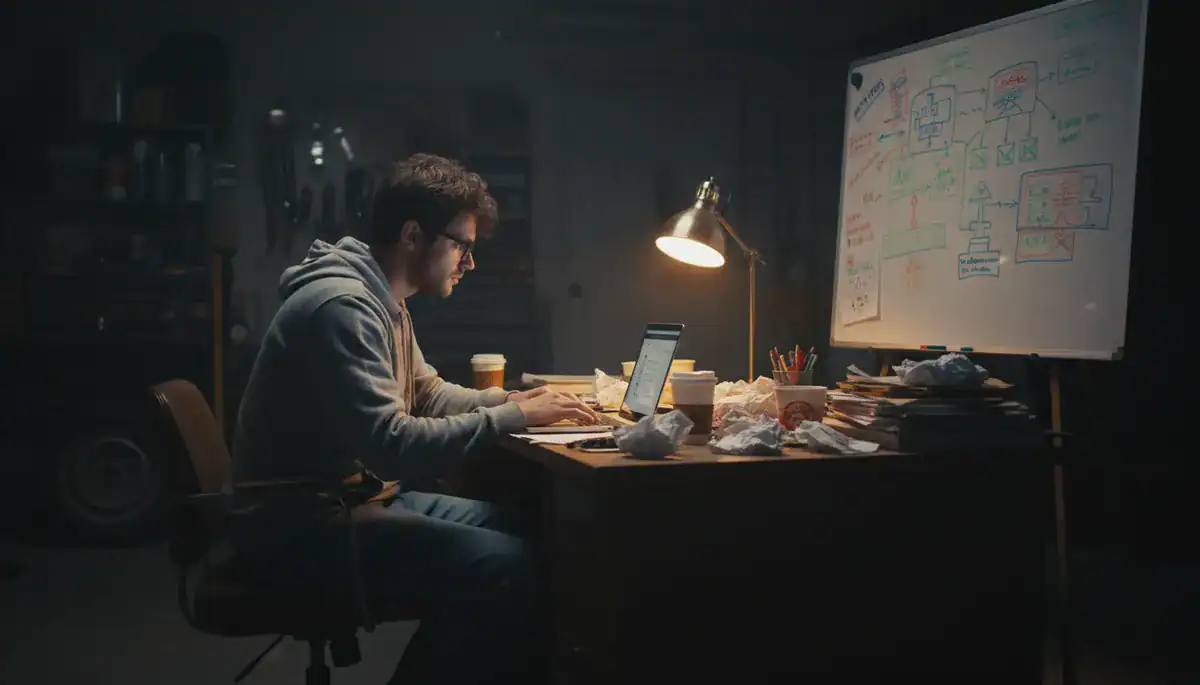 Illustration of Cinematic photography of a focused startup founder sitting at a messy wooden desk in a dimly lit.