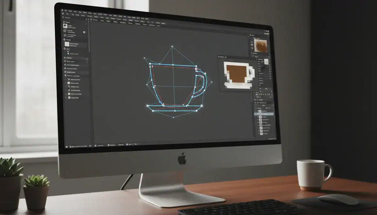 Illustration of Close-up photography of a computer monitor displaying vector graphic design software. The screen.
