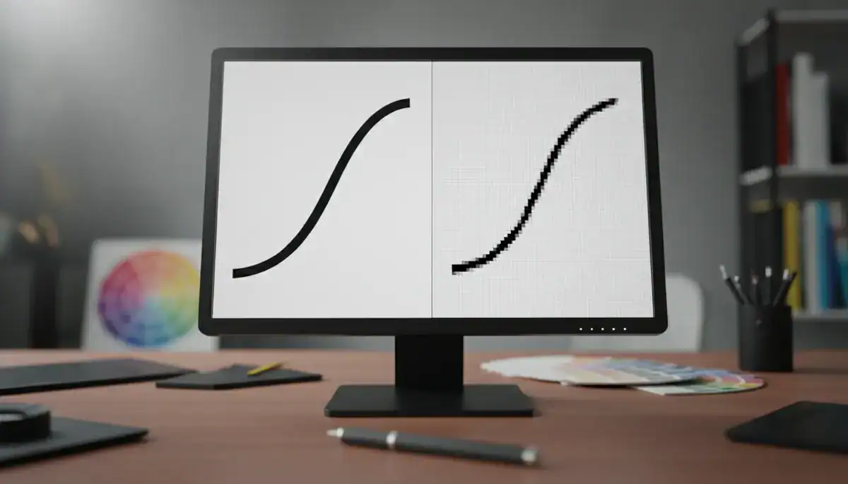 Illustration of Close-up macro photography of a high-resolution computer monitor displaying a split-screen.