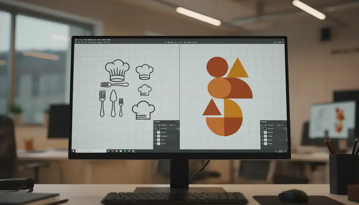 Illustration of Close-up photography of a computer monitor displaying a vector graphic design software interface..