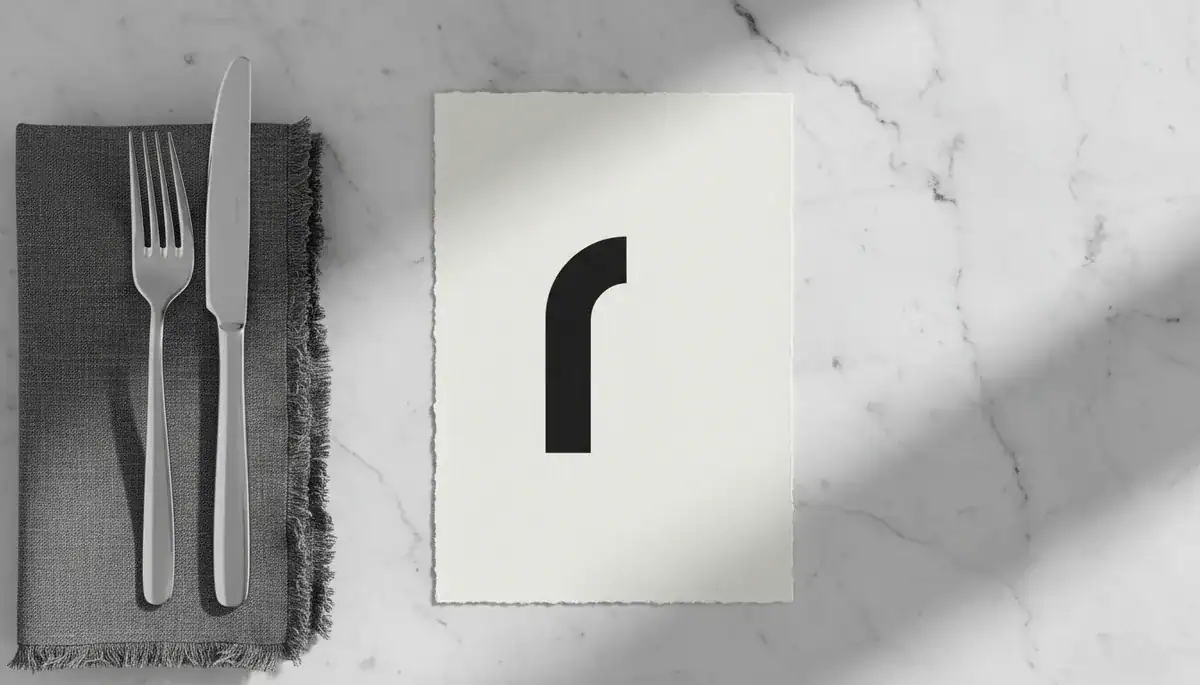 Illustration of Photorealistic flat lay of a fine dining branding mood board, featuring high-quality textured white.