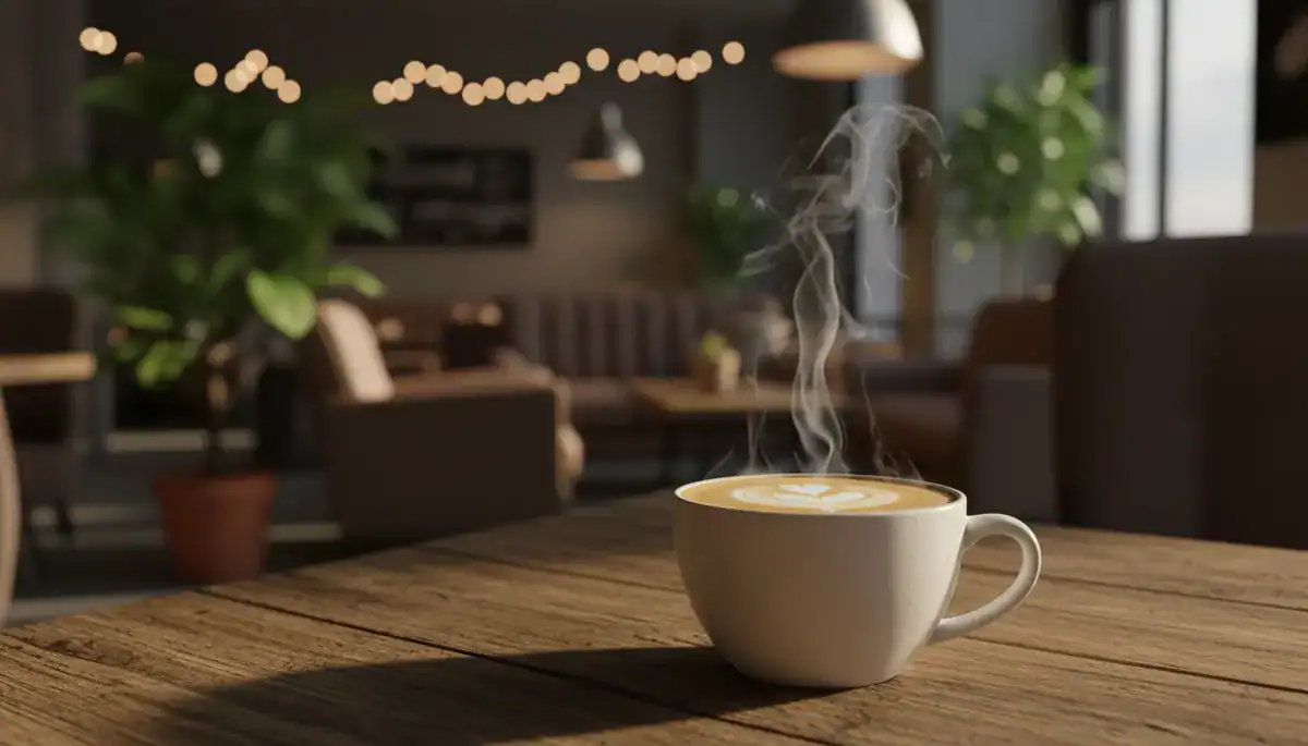 Illustration of A warm and cozy coffee shop interior photography, close-up of a ceramic latte cup on a rustic.