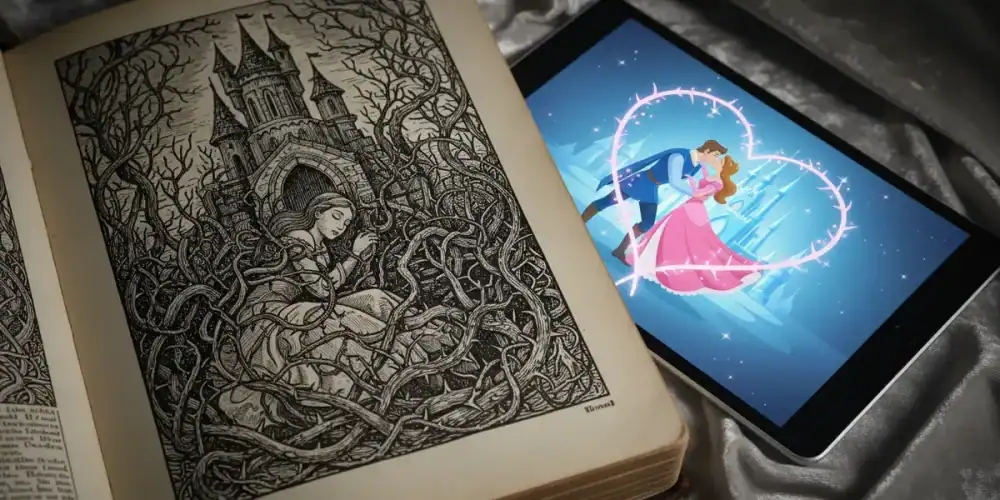 Open book with grayscale castle and twisting vines beside a tablet showing a colorful princess