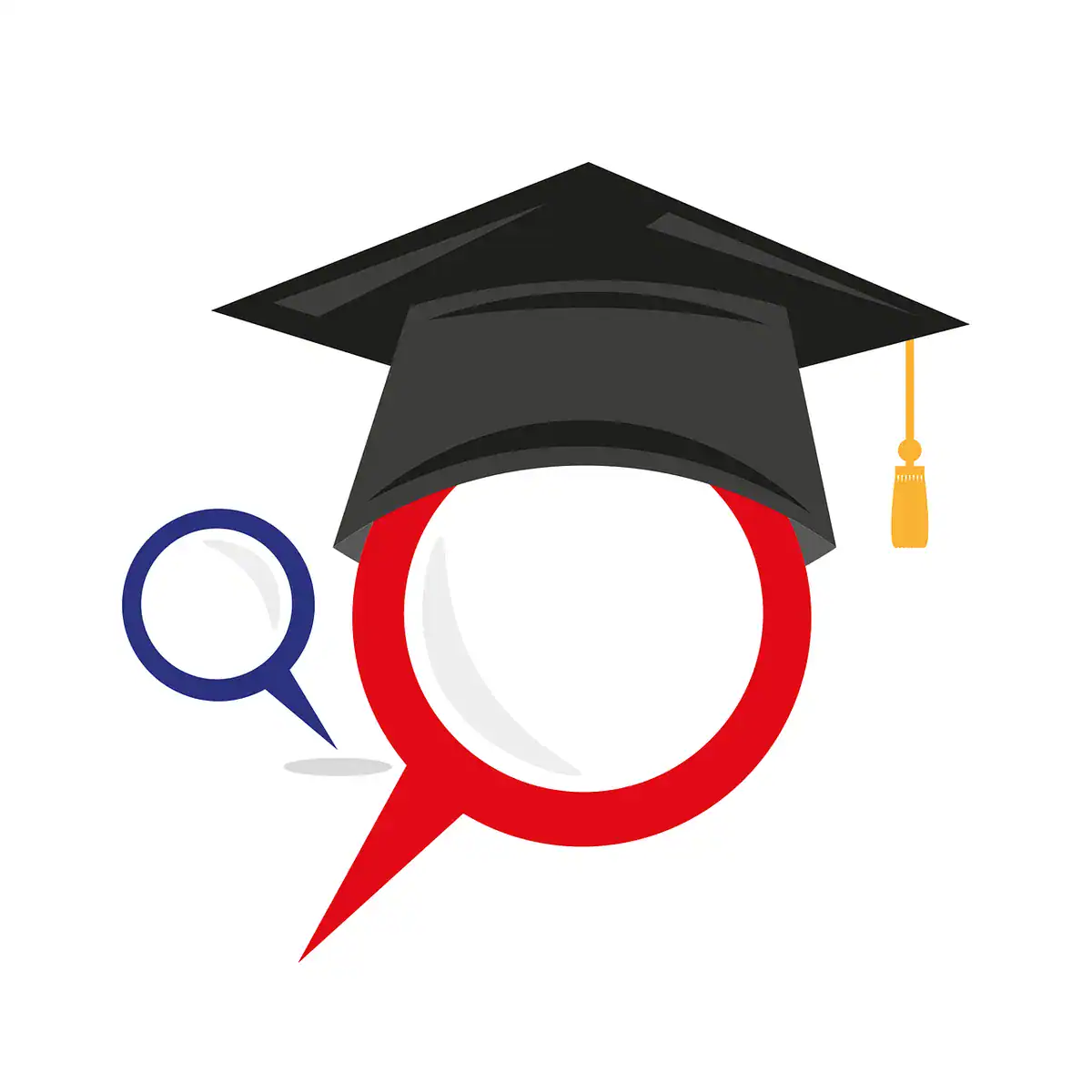 Abstract icon of a graduation cap with a speech bubble and magnifying glass, symbolizing education and research