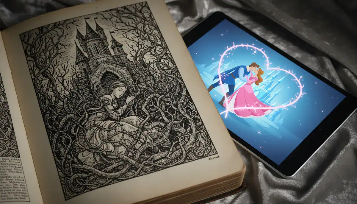 Open book with grayscale castle and twisting vines beside a tablet showing a colorful princess