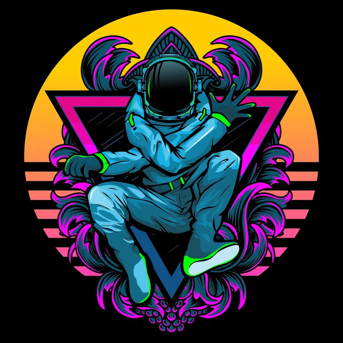 Neon astronaut crouching with retro geometric background and purple swirls