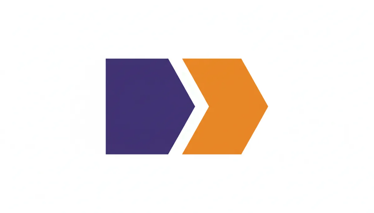 Purple and orange double-chevron logo on white background