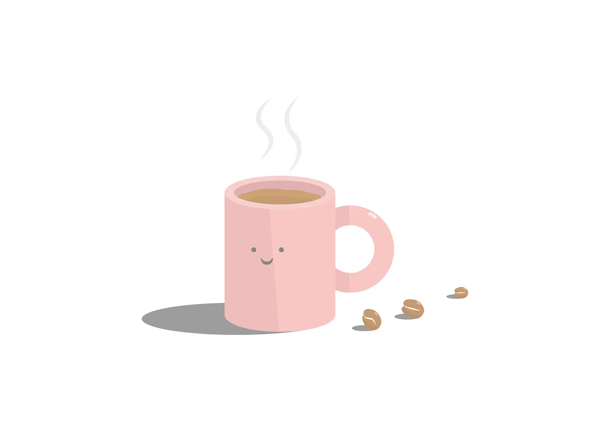 Smiling pink coffee mug with steam and scattered coffee beans