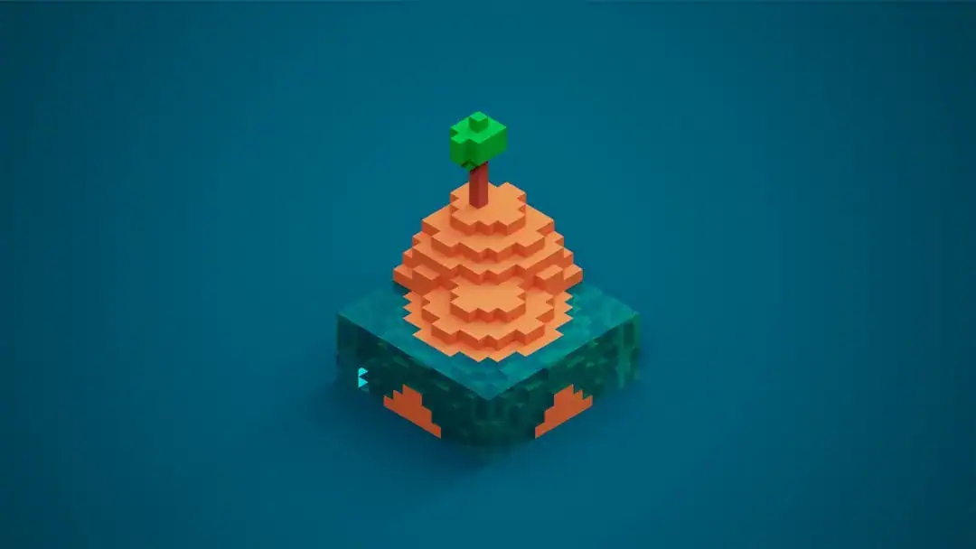 Voxel orange hill with a small tree on a turquoise block island