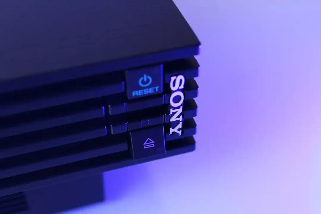 Close-up of a Sony device with the SONY logo and blue lighting