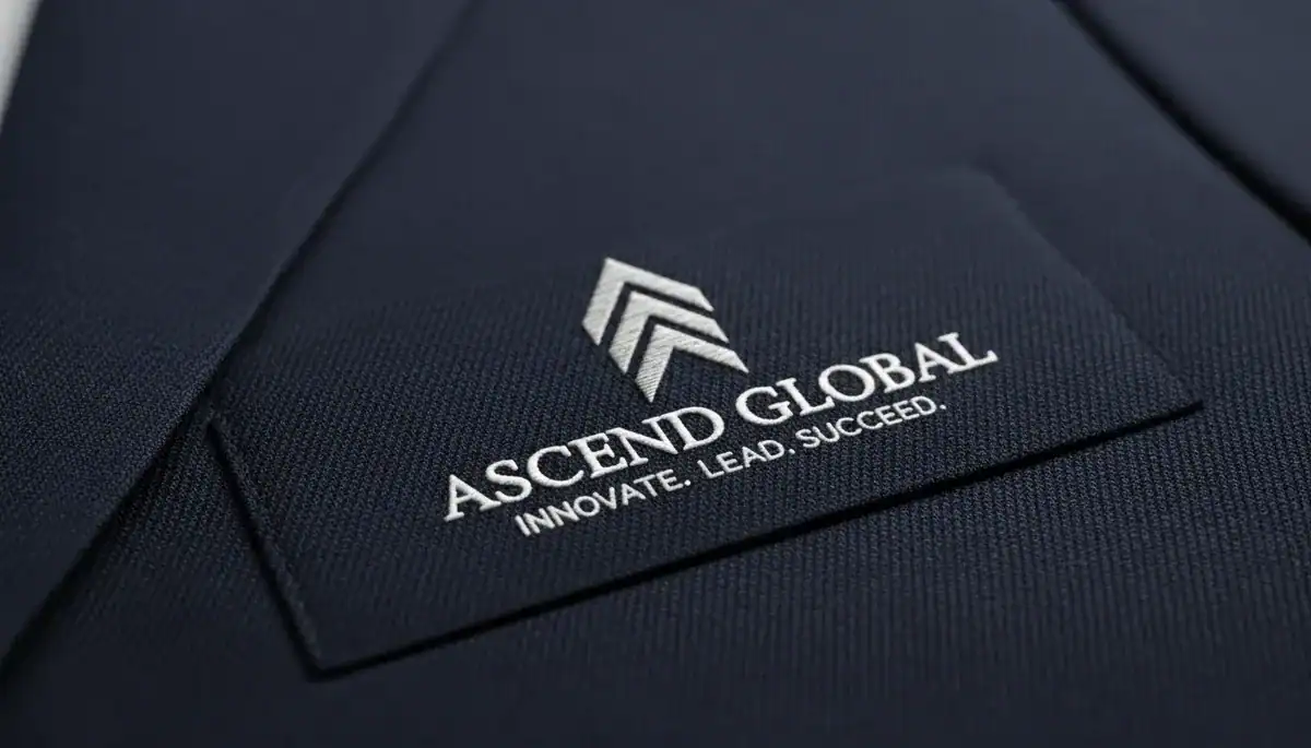 Ascend Global Logo on Navy Blazer Tag Close-up of a navy blazer tag with the Ascend Global logo and motto