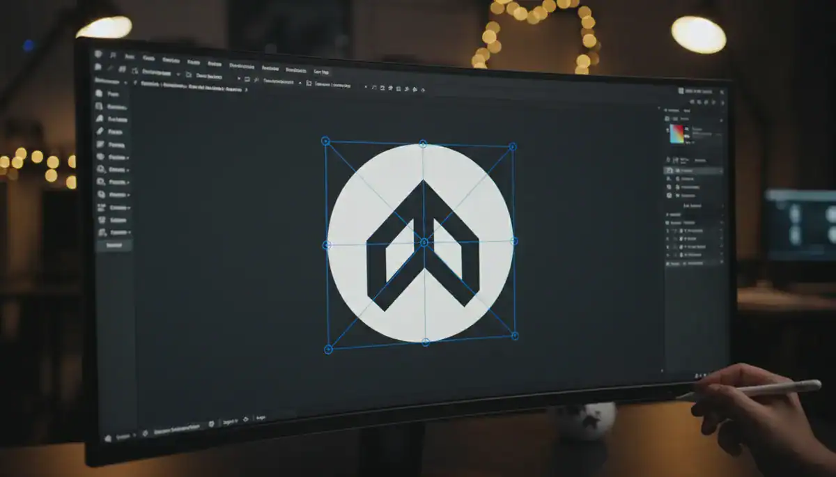 Circular vector logo being edited on a monitor with a stylus