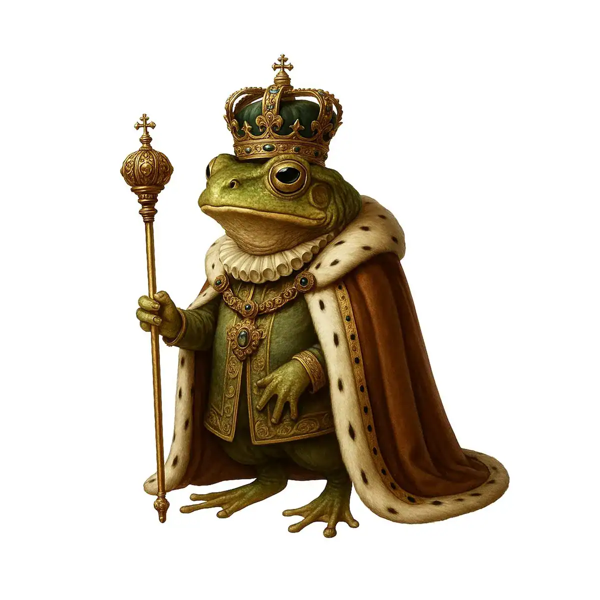 Regal frog king wearing crown, cape, and scepter
