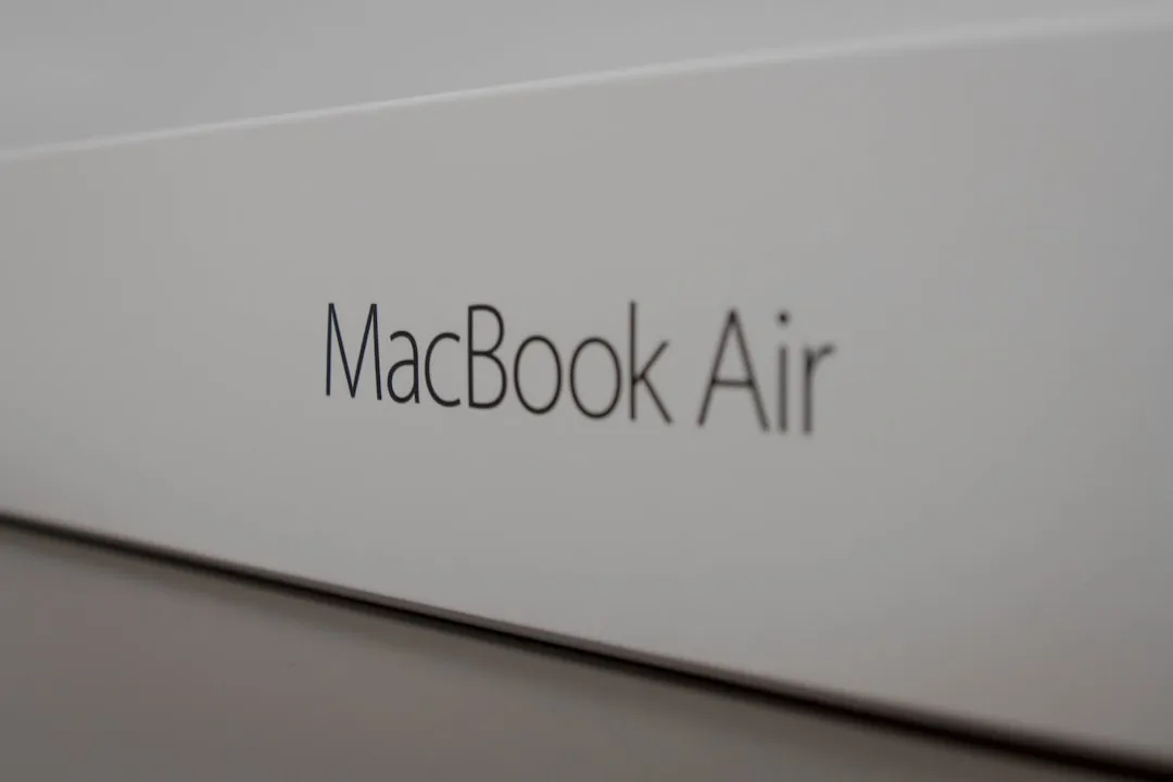 Close-up of MacBook Air box with the product name visible on the side