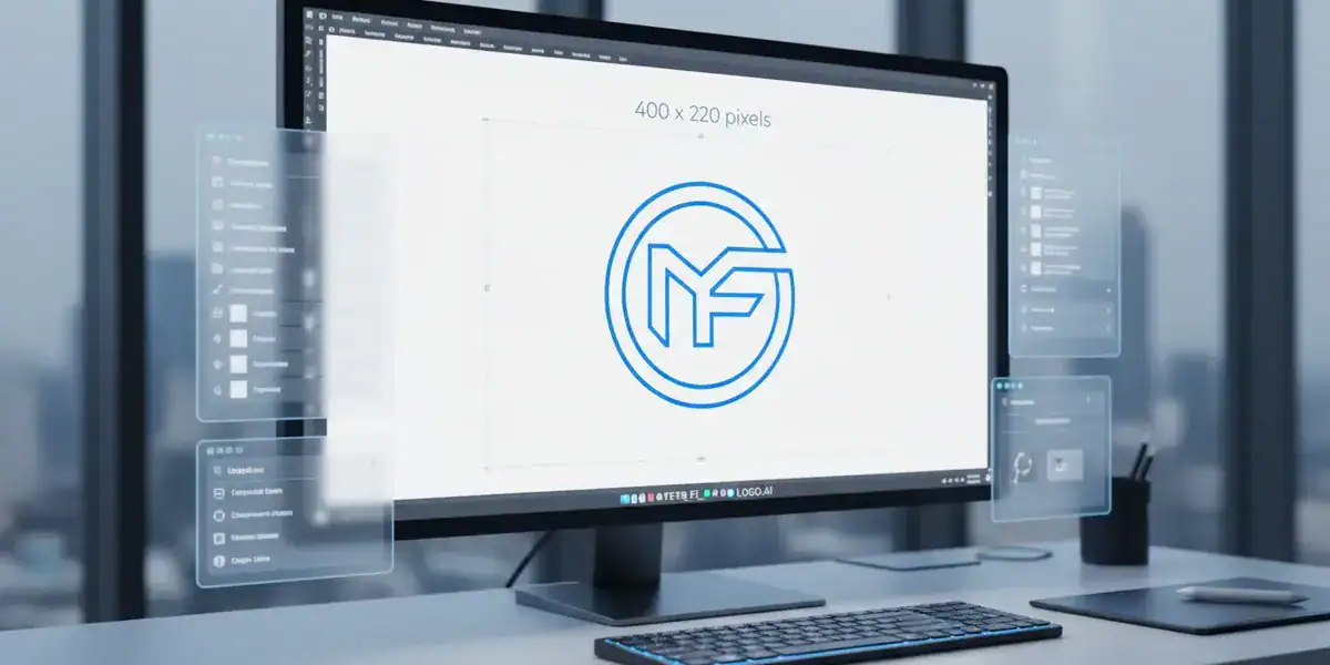 Blue Circular Logo Design on Monitor with Floating UI Panels Desk setup with a monitor displaying a blue circular logo and floating UI panels.