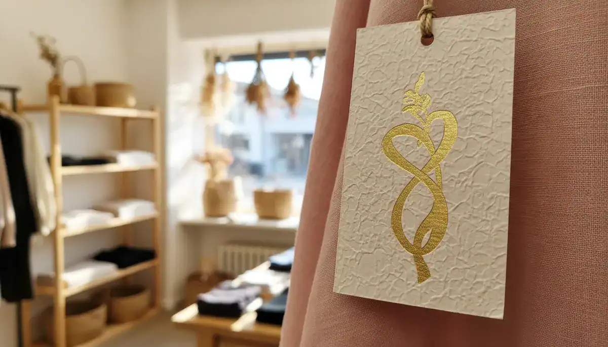 Close-up of gold-emblem tag on pink garment in a boutique