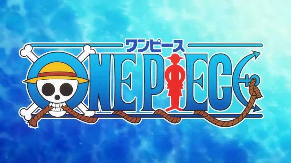 One Piece logo with skull wearing a straw hat on a blue ocean background