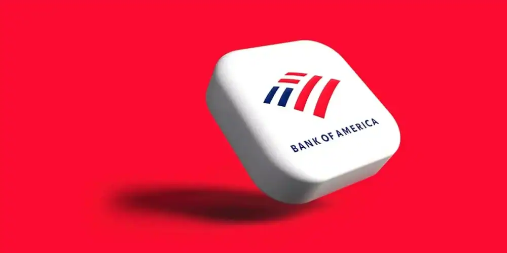 White cube with Bank of America logo floating on a red background