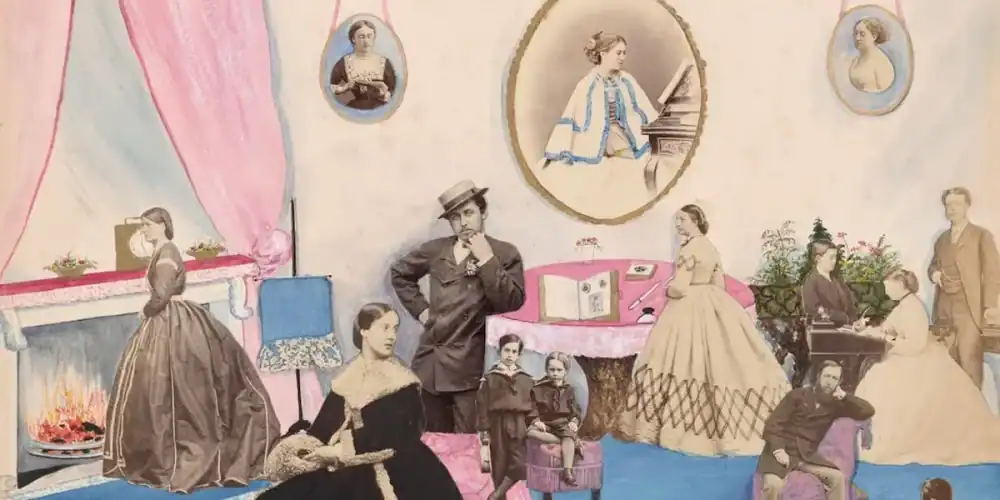 Victorian drawing-room with faceless silhouettes, pink curtains and fireplace.