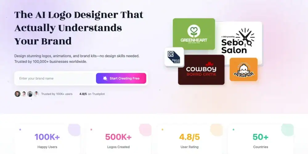 Hero section of an AI logo designer site with headline, brand search, CTA, sample logos, and trust stats.