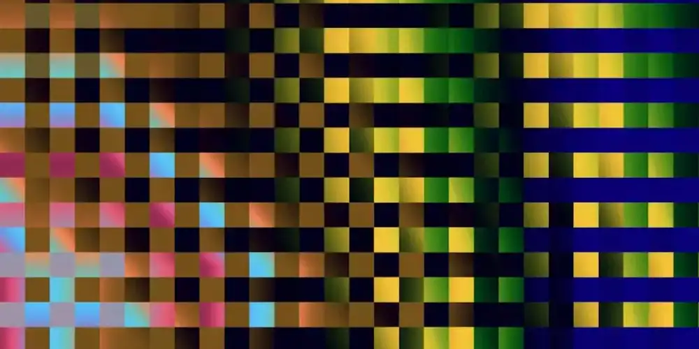 Abstract pixelated color grid transitioning from warm browns and pinks to greens and blues