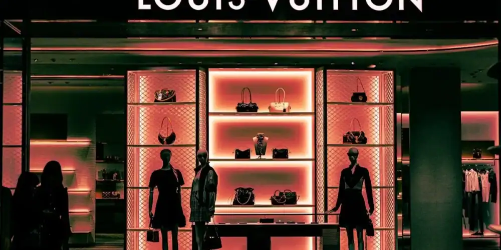 Louis Vuitton storefront with illuminated handbag displays and mannequins, silhouettes of shoppers in front