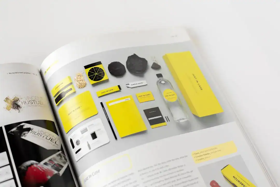 Bright Branding: Yellow & Black Product Layout Open magazine spread with yellow and black branding items arranged in a grid.