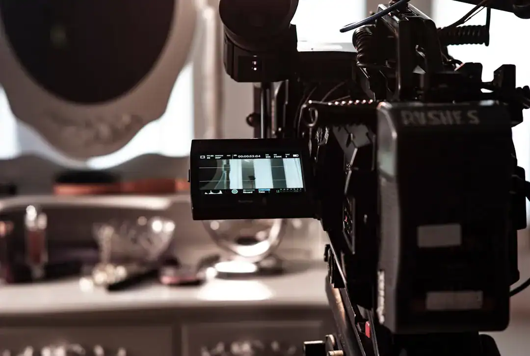 Close-up of a professional film camera on a rig in a studio with a small LCD monitor