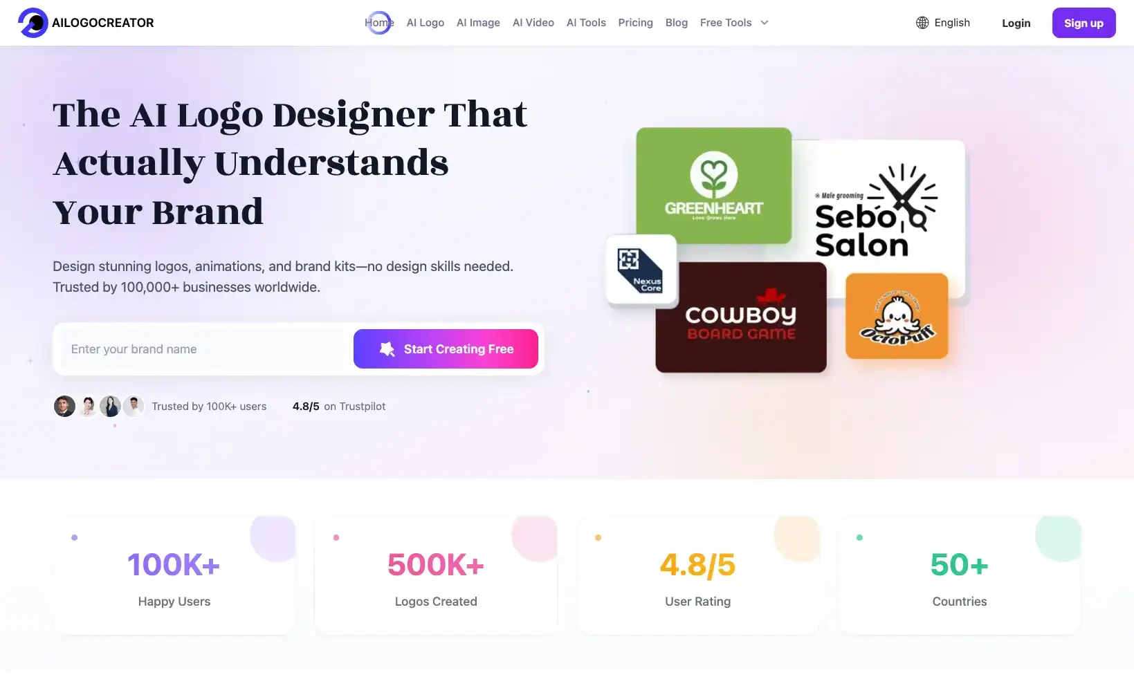 Hero section of an AI logo designer site with headline, brand search, CTA, sample logos, and trust stats.