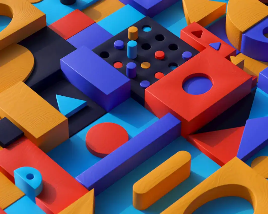 Vibrant 3D geometric puzzle with interlocking blocks and pegs in bright colors.