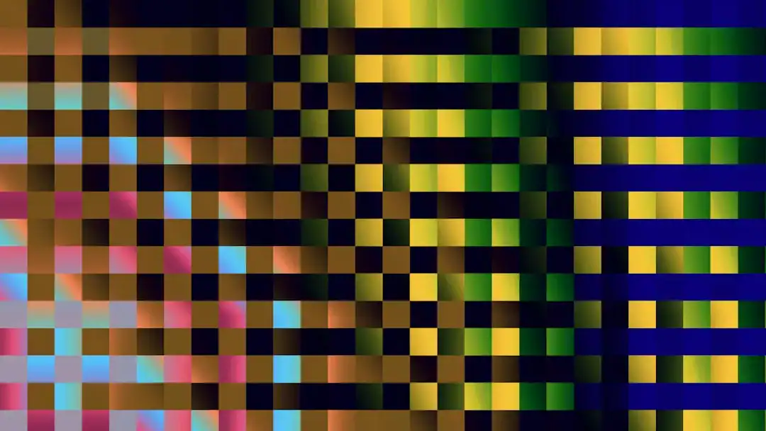 Abstract pixelated color grid transitioning from warm browns and pinks to greens and blues
