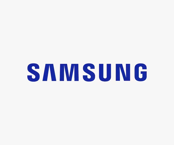 Samsung logo in bold blue letters on a light gray background
