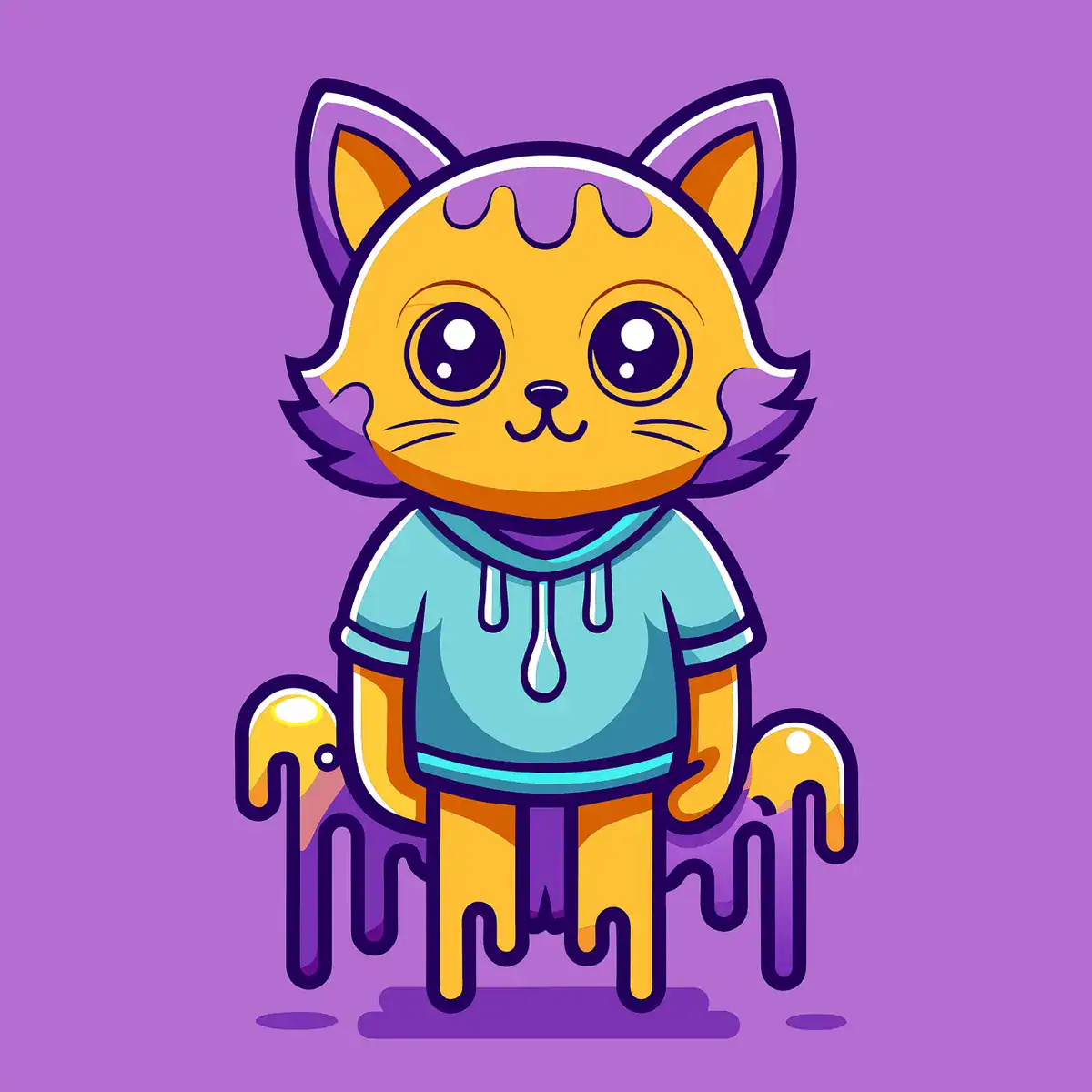 Cute Melting Cat in a Hoodie Cute melting cat mascot in blue hoodie on purple background