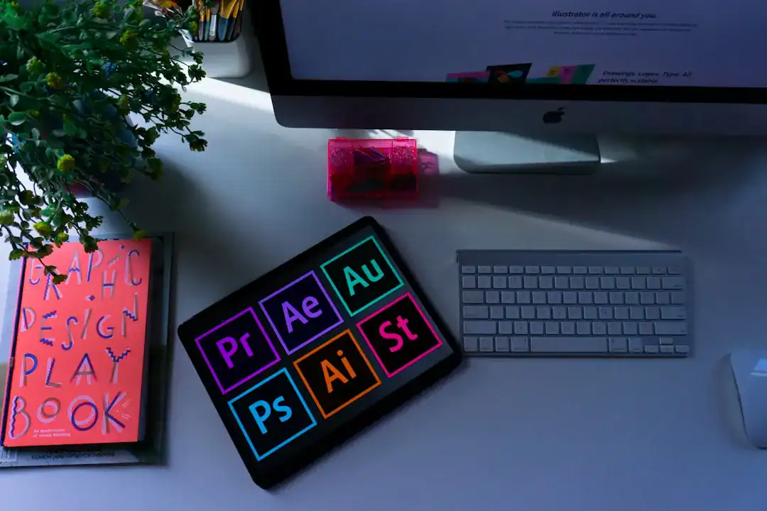 Desk with tablet showing colorful Adobe app icons beside monitor, keyboard, plant, and pink notebook