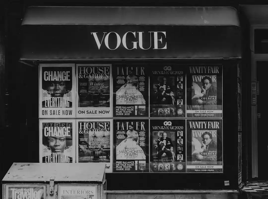 Storefront window displaying Vogue posters of fashion magazines