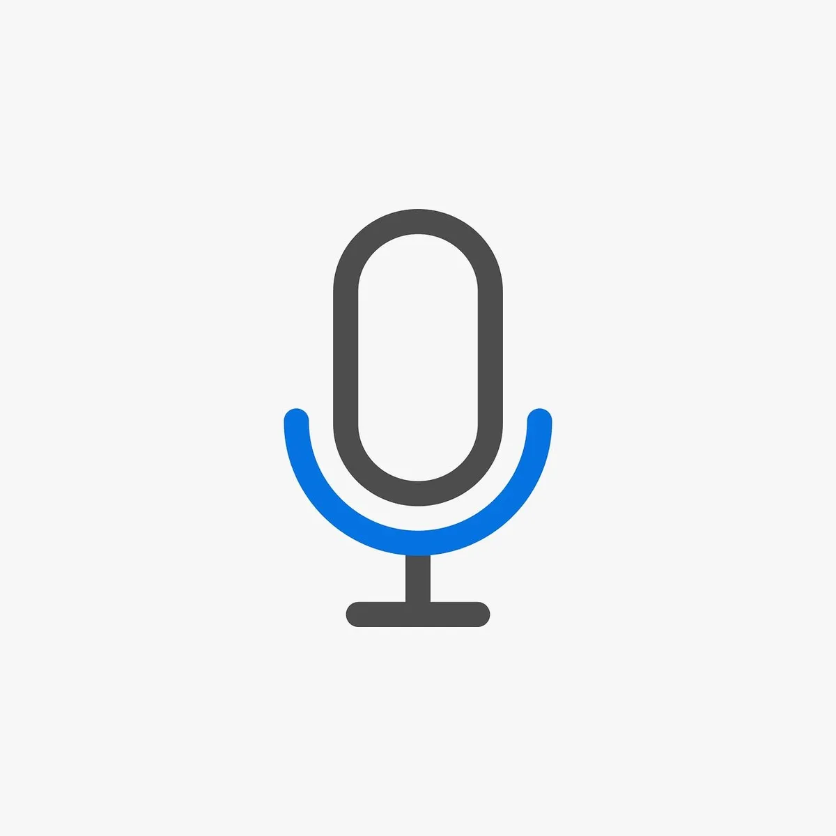 Minimalist microphone icon with blue curved base on light gray background