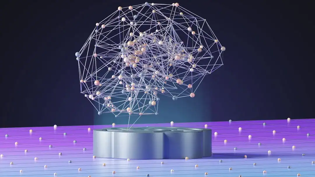 3D neural network sculpture with connected nodes above a pedestal on a purple gradient