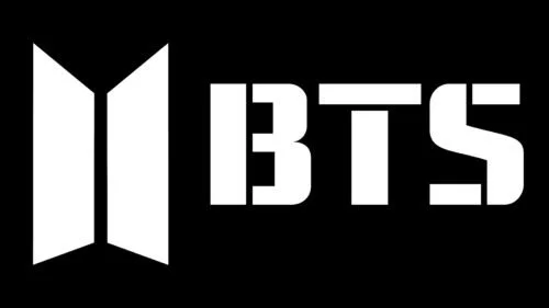 White geometric emblem beside bold BTS lettering on a black background