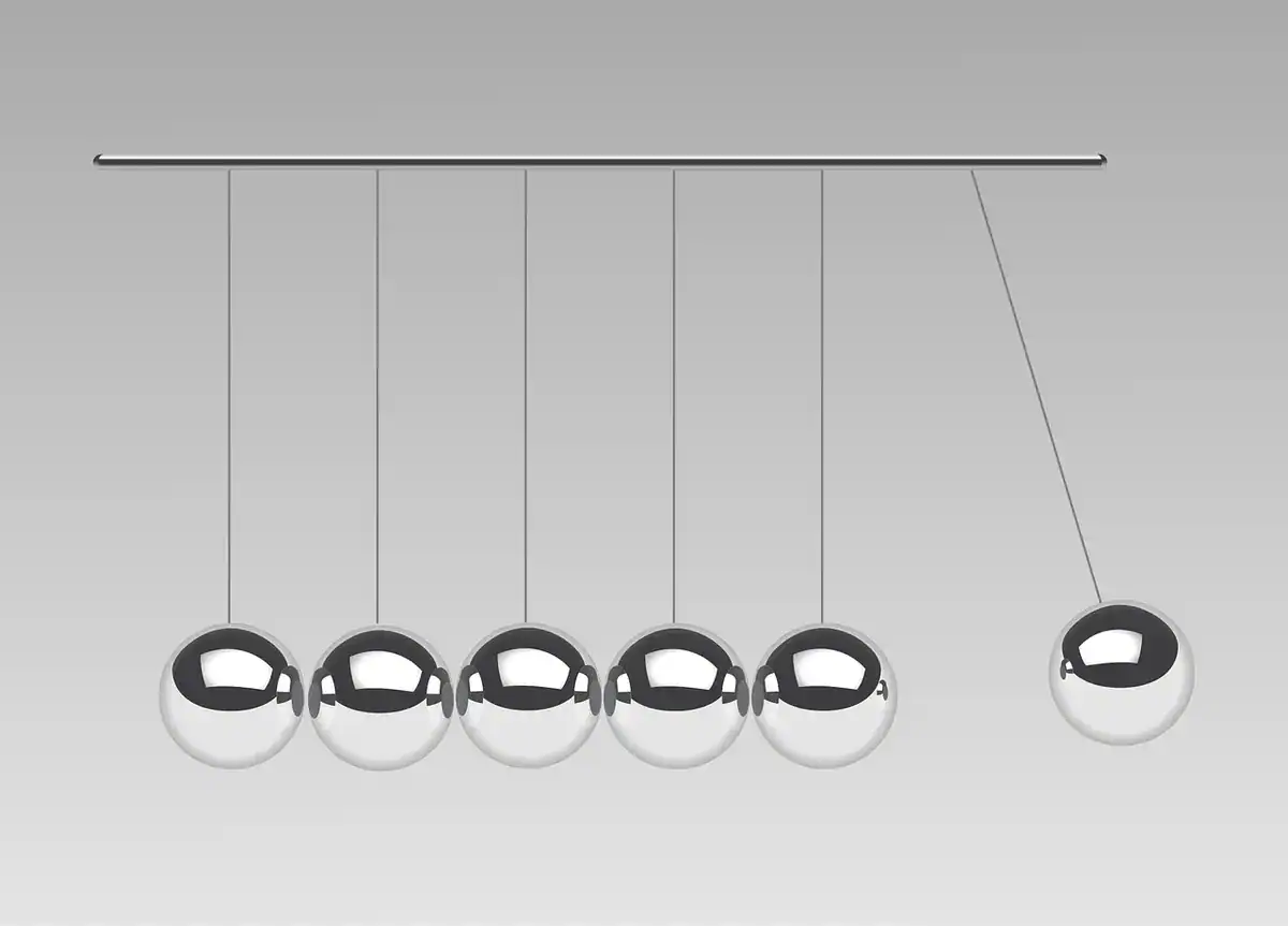 Six hanging balls form a Newton's cradle, with one ball pulled aside on a diagonal string