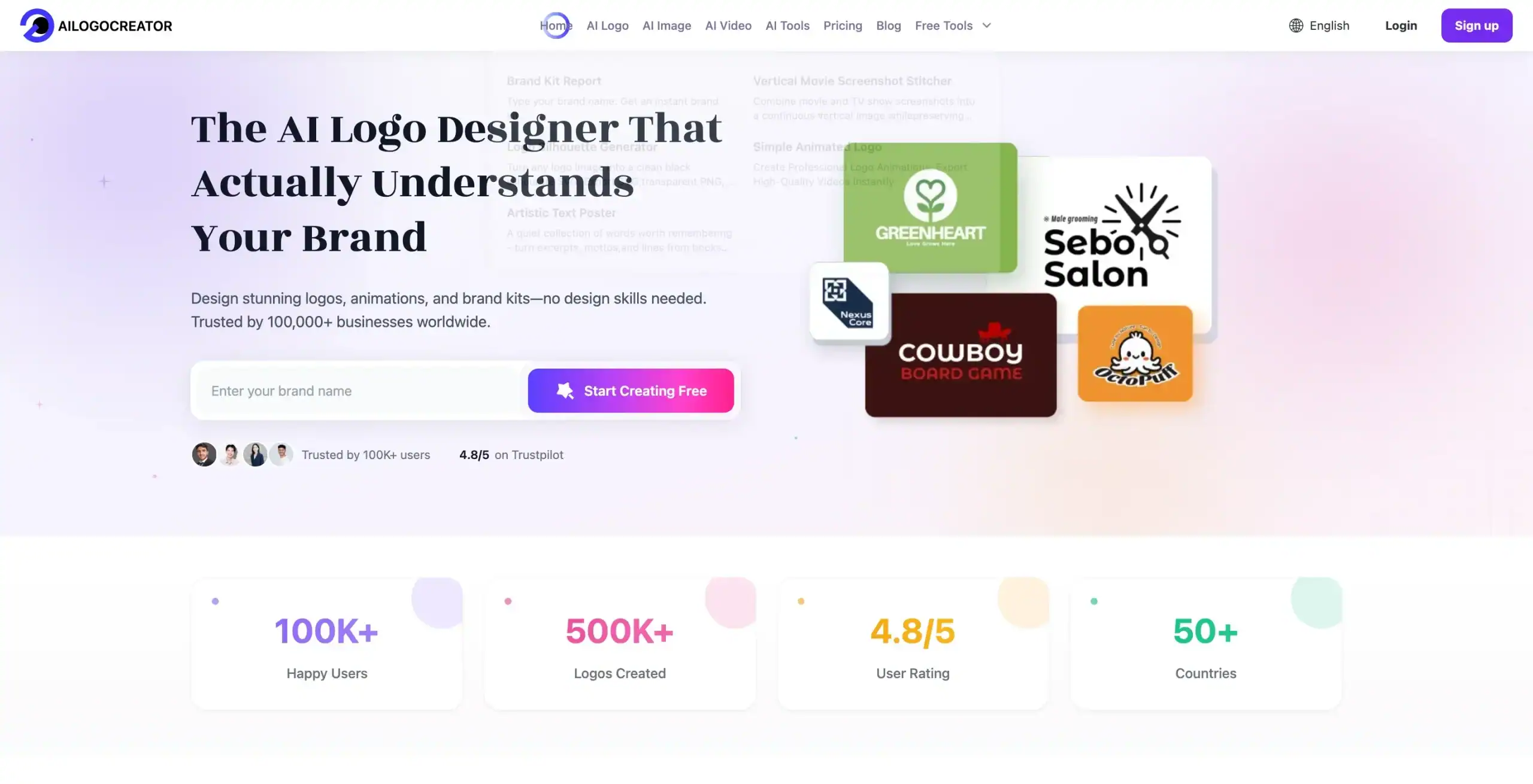 Hero section of an AI logo designer site with gradient background, headline, input, and sample logos.