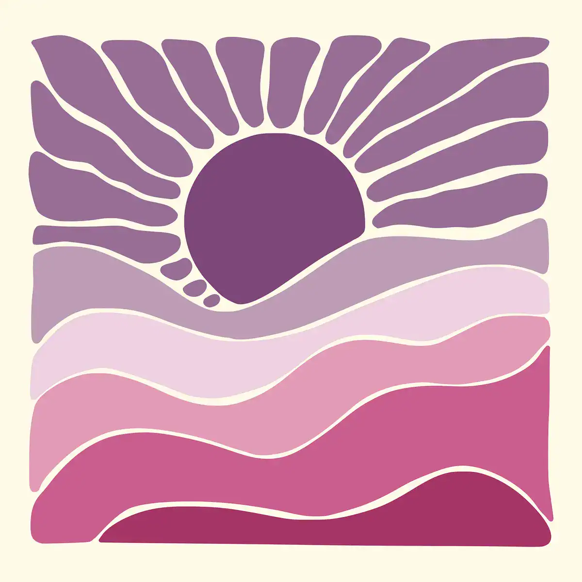 Abstract retro sunset over layered purple and pink waves