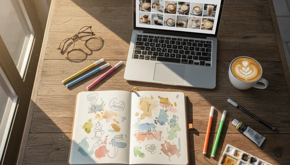 Illustration of High-angle close-up of a creative workspace on a wooden table, a notebook with abstract sketches.
